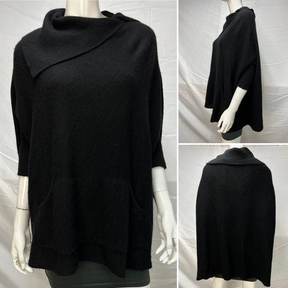 AQUA Cashmere Black Cowl Neck Oversized Short Sleeve Boxy Poncho Sweater S - Picture 1 of 5